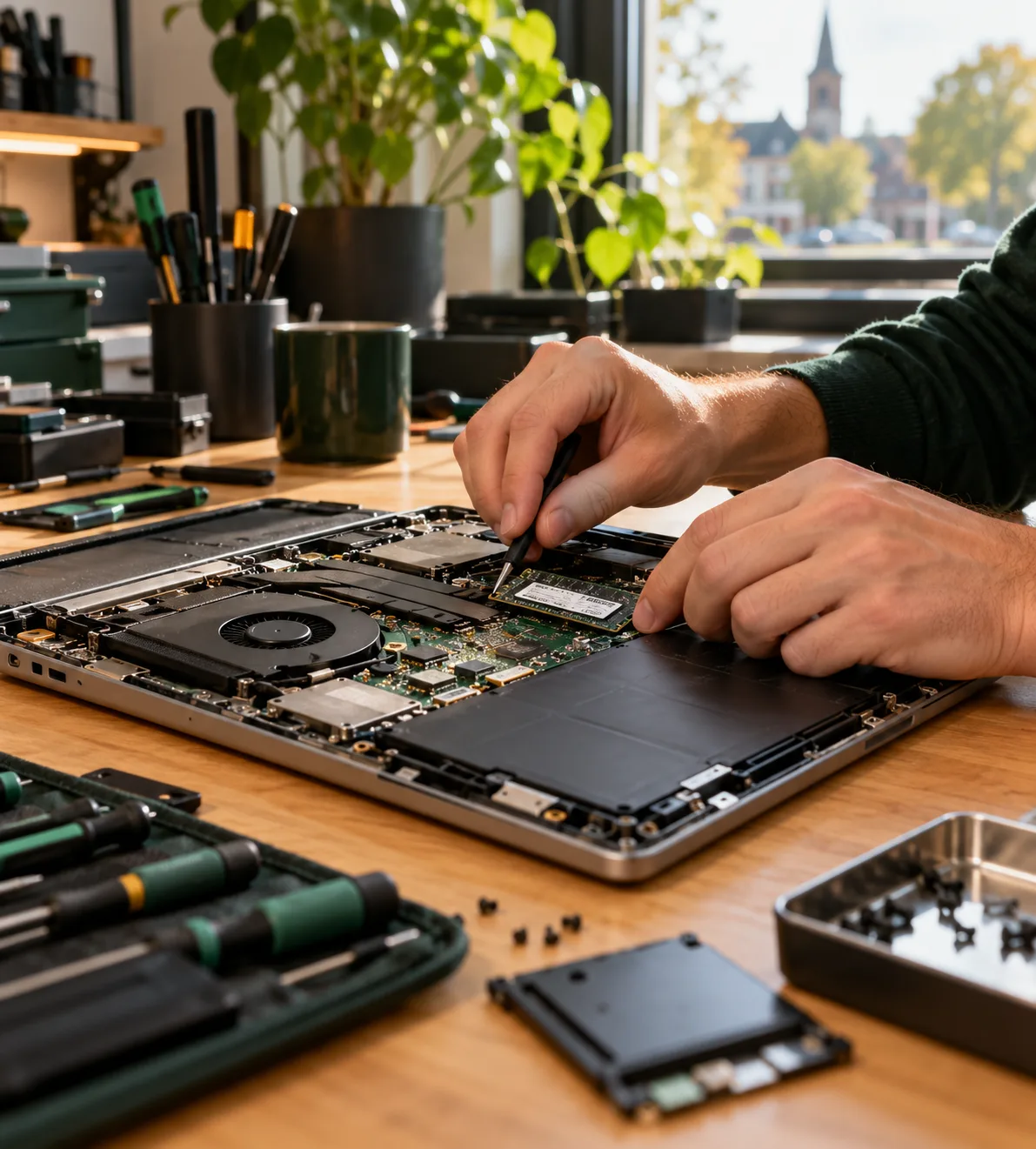 Zorgvuldige reparatie van een laptop in de werkplaats